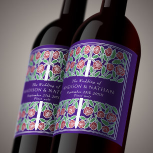 Silver Purple Royal Mediaeval Floral Sword Wedding Wine Label