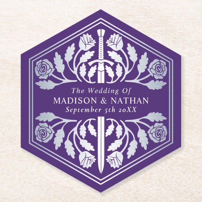 Silver Purple Royal Mediaeval Sword Wedding Paper Coaster (Front)