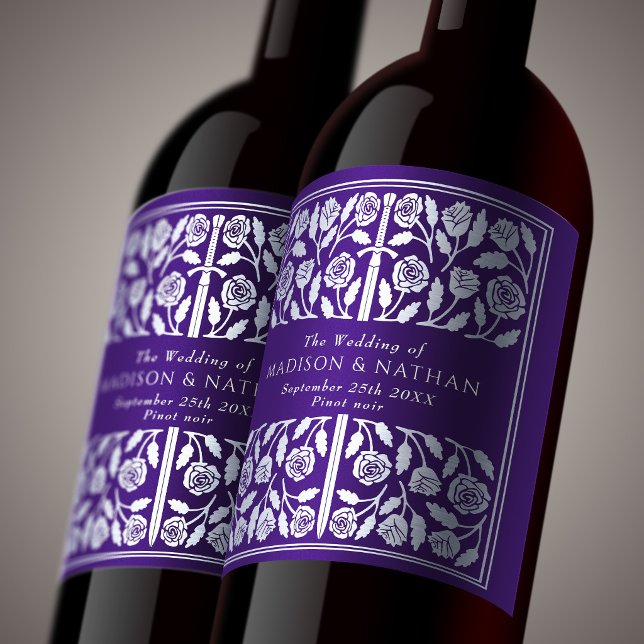 Silver Purple Royal Mediaeval Sword Wedding Wine Label (Creator Uploaded)