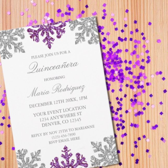 Silver Purple Snowflake Winter Quinceanera Invitation (Creator Uploaded)