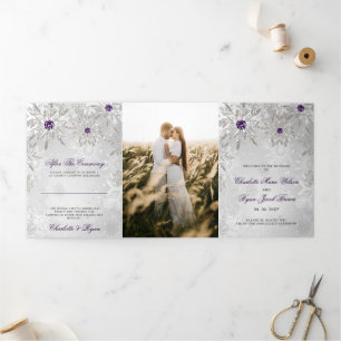 Silver Purple Snowflake Winter Wedding Tri-Fold Programme