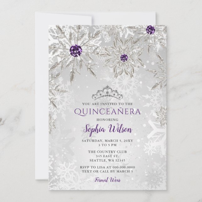 Silver Purple Snowflakes Tiara Quinceañera Invitation (Front)