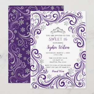 Silver Purple Snowflakes Tiara Sweet 16 Invitation
