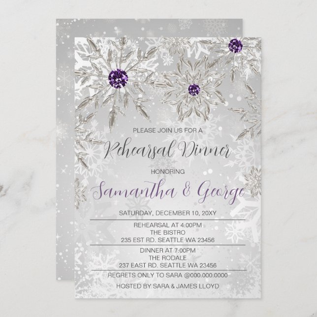 Silver Purple Snowflakes Winter Rehearsal Dinner  Invitation (Front/Back)