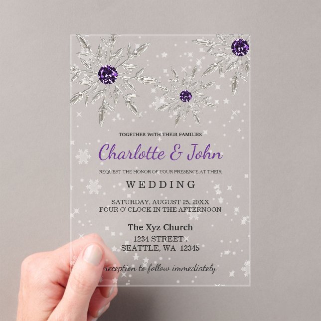 Silver Purple snowflakes Winter Wedding Acrylic Invitations (Insitu (Handheld))