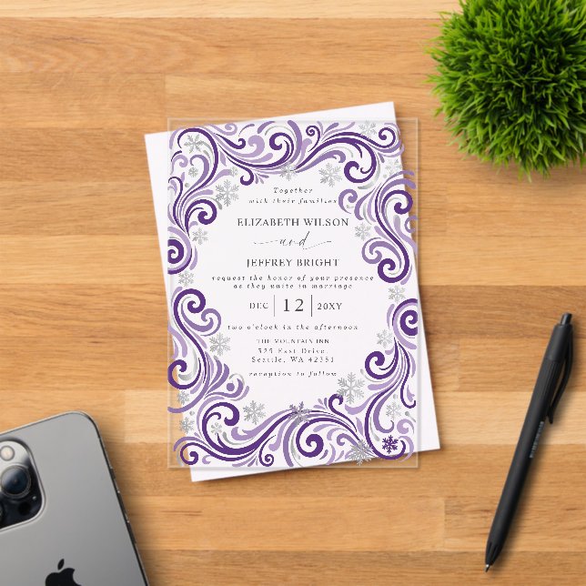 Silver Purple Snowflakes Winter Wedding Acrylic Invitations (Insitu (Invitation Card))
