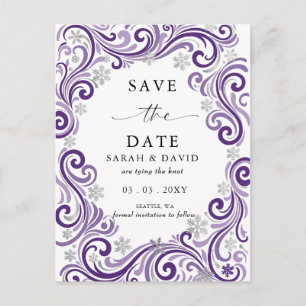 Silver Purple Snowflakes Winter Wedding Announcement Postcard