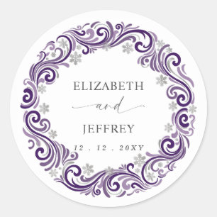 Silver Purple Snowflakes Winter Wedding Classic Round Sticker