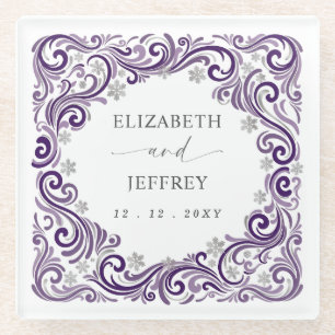 Silver Purple Snowflakes Winter Wedding Glass Coaster