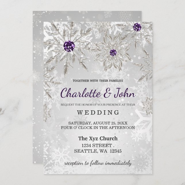 silver purple snowflakes winter wedding invitation (Front/Back)