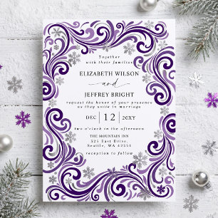 Silver Purple Snowflakes Winter Wedding Invitation