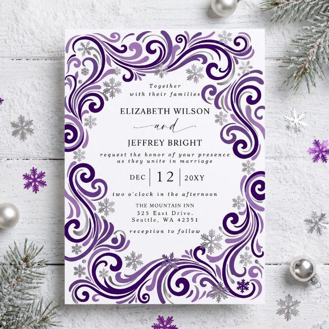 Silver Purple Snowflakes Winter Wedding Invitation (Silver Purple Snowflakes Winter Wedding Invitation)