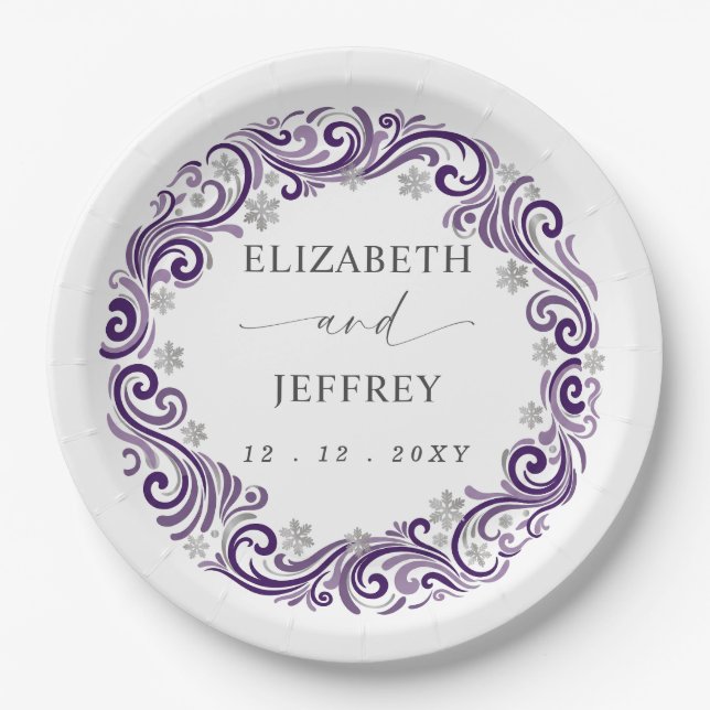 Silver Purple Snowflakes Winter Wedding Paper Plate (Front)