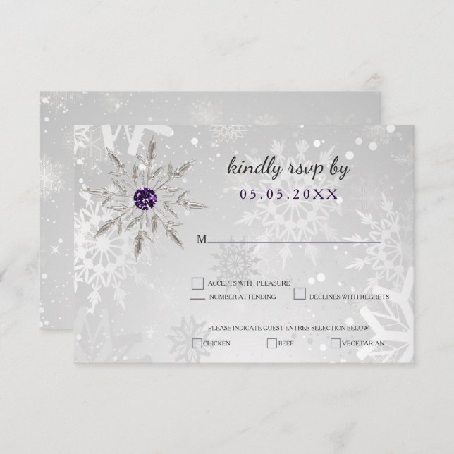 silver purple snowflakes winter wedding rsvp invitation (Front/Back)
