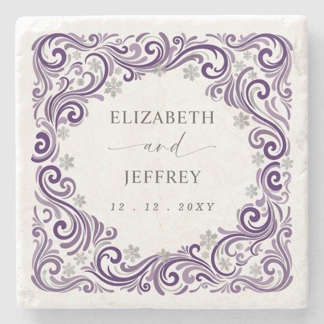 Silver Purple Snowflakes Winter Wedding Stone Coaster (Front)
