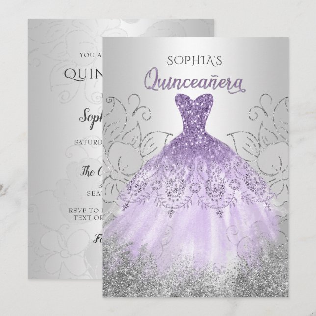 Silver Purple Sparkle Dress Quinceañera Quince Invitation (Front/Back)