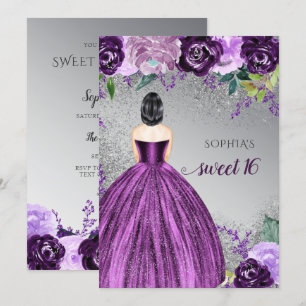 Silver Purple Sparkle Dress Sweet 16 birthday Invi Invitation