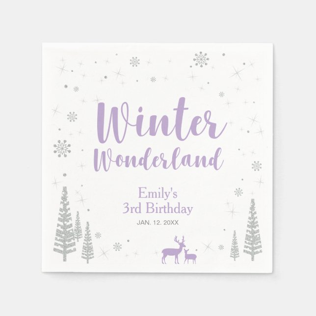 Silver & Purple Winter Wonderland Girl Birthday Napkin (Front)
