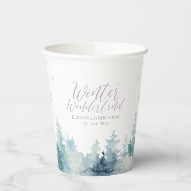 Silver & Purple Winter Wonderland Kid's Birthday Paper Cups (Left)