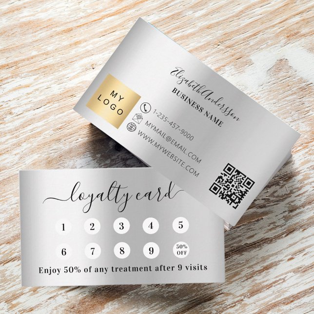 Silver qr code business logo loyalty card (Creator Uploaded)