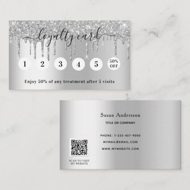 Silver QR code glitter drips elegant Loyalty Card (Front/Back)
