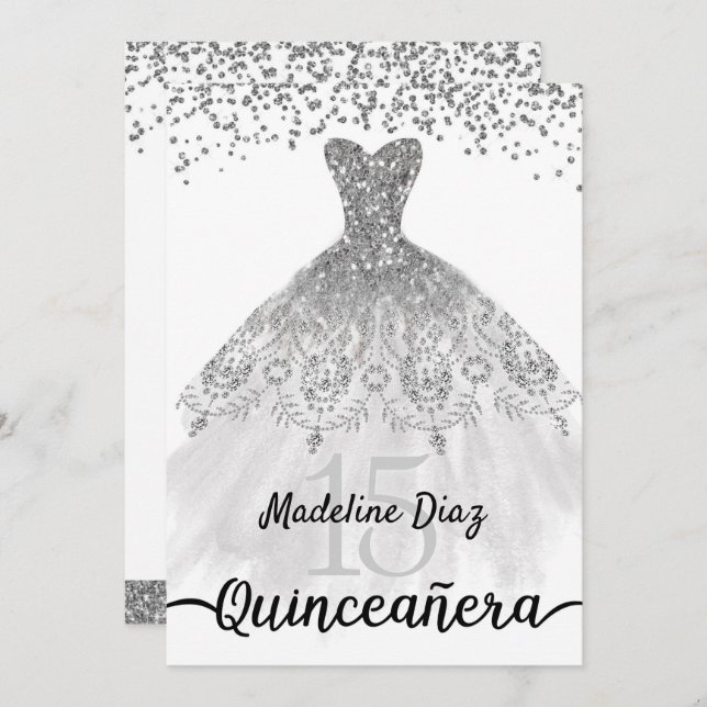 Silver Quinceanera Birthday Invitation Cumpleanos (Front/Back)