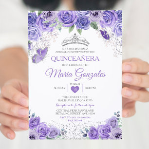 Silver Quinceañera Purple Crown Mexican Butterfly Invitation