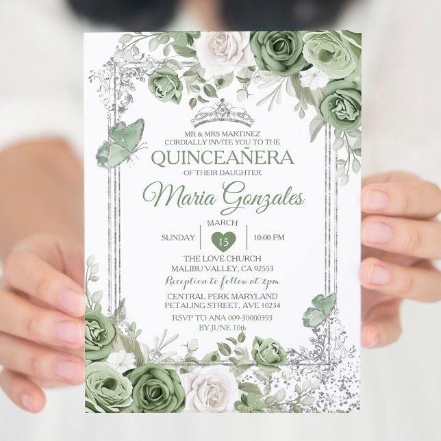Silver Quinceañera Sage Green Crown Butterfly Invitation (Creator Uploaded)