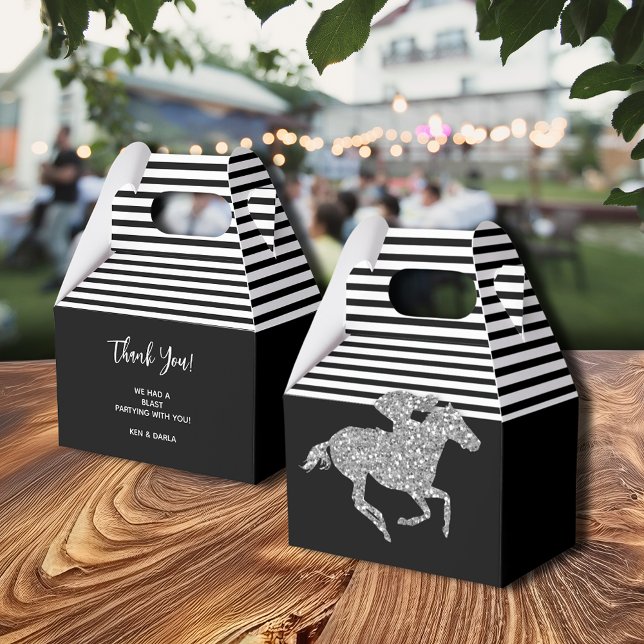 Silver Racehorse Black White Stripes Favour Box (Silver Racehorse Black White Stripes Gable Style Favor Boxes)