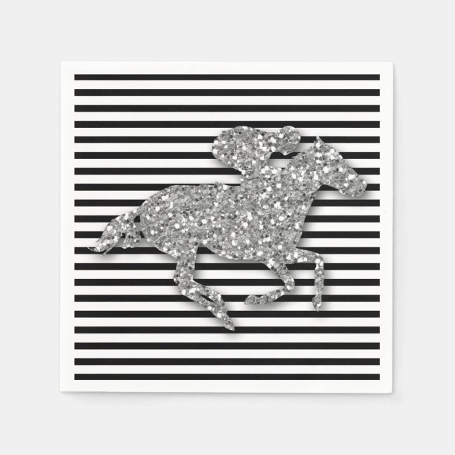 Silver Racehorse Black & White Stripes Napkin (Front)