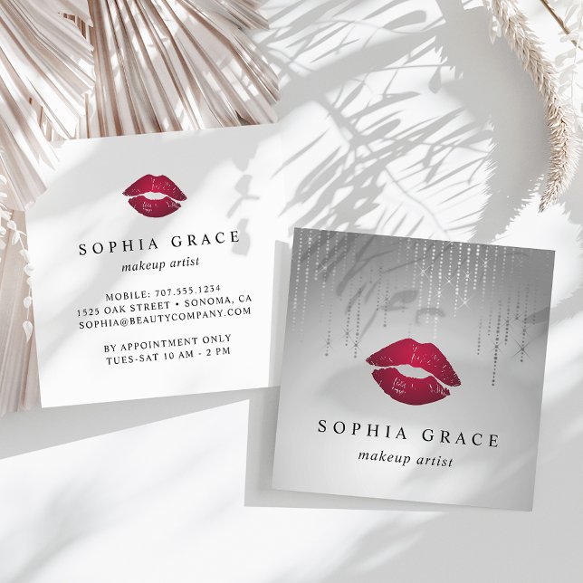 Silver Rain Makeup Artist Lips Square Business Card (Creator Uploaded)