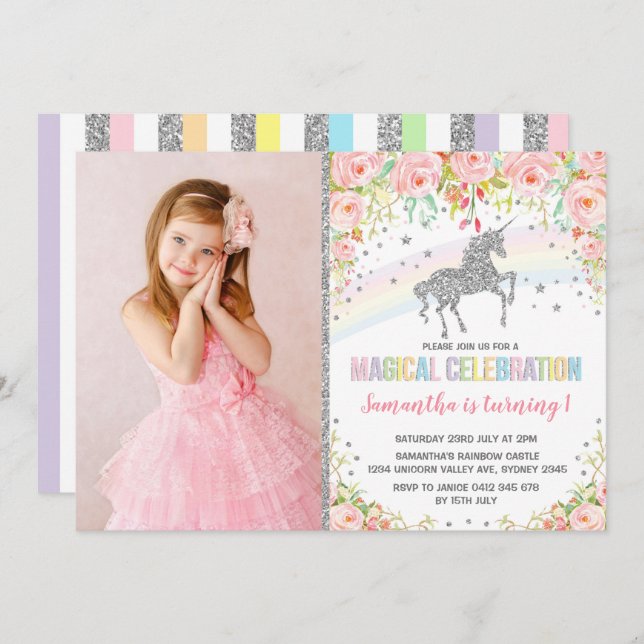 Silver Rainbow Unicorn Pink Floral Birthday Invitation (Front/Back)