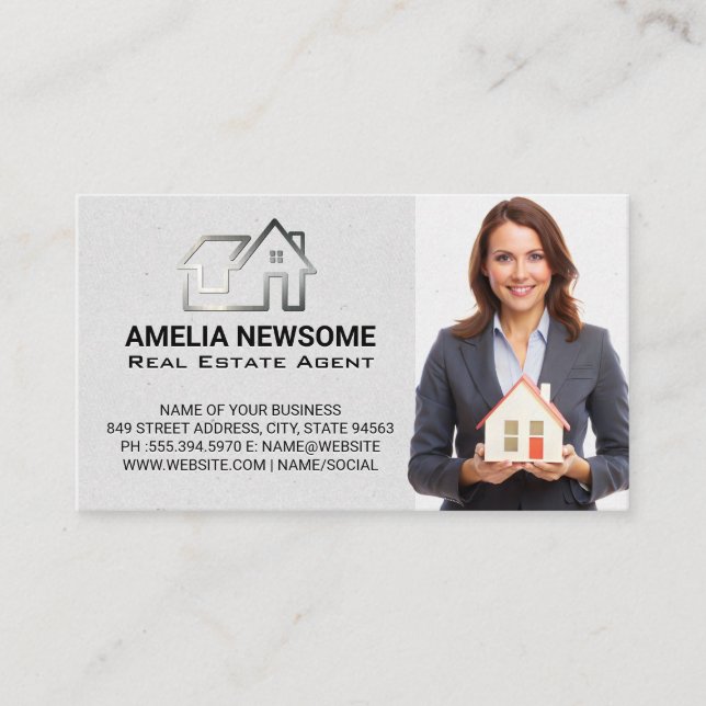 Silver Real Estate Logo | Realtor Business Woman Card (Front)