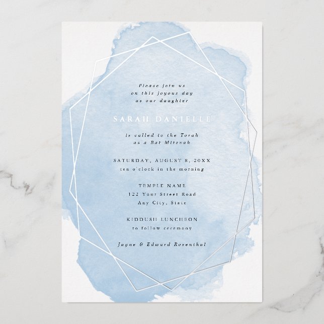 Silver Real Foil Frame-Blue Watercolor Bat Mitzvah (Front)