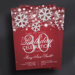 Silver Red 30th Birthday Winter Glitter Glam Invitation
