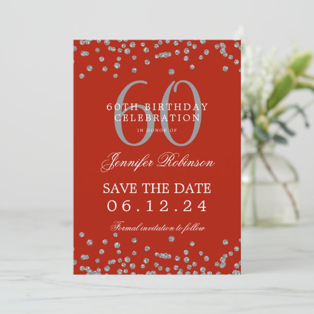 Silver Red 60th Birthday Save Date Confetti Invitation (Standing Front)