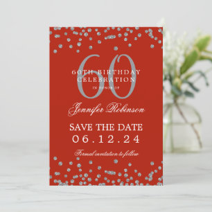 Silver Red 60th Birthday Save Date Confetti Invitation