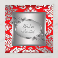 Silver Red Black Damask Party Invitation