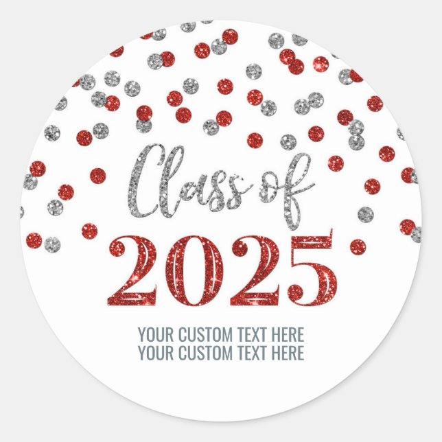 Silver Red Confetti Graduation 2025 Classic Round Sticker (Front)