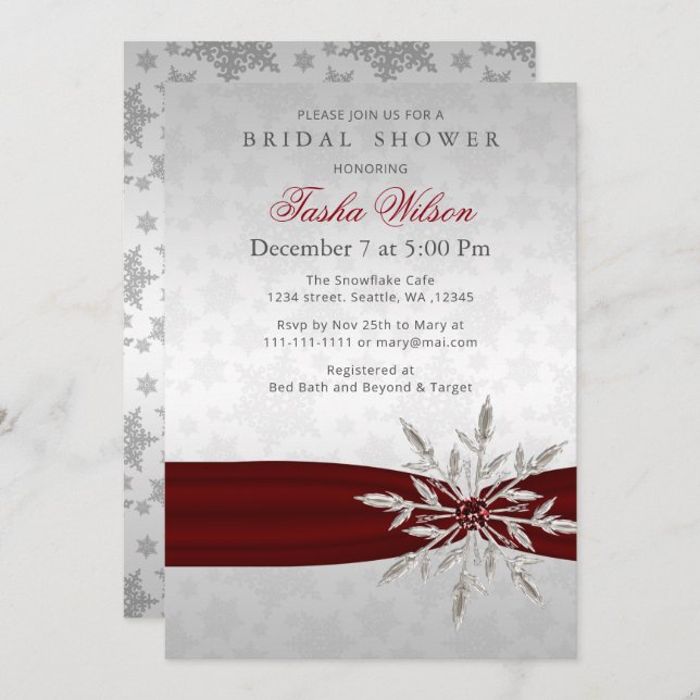 Silver Red Crystal Snowflakes Winter Bridal Shower Invitation (Front/Back)