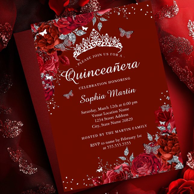 Silver Red Elegant Floral Butterfly Quinceanera  (Creator Uploaded)