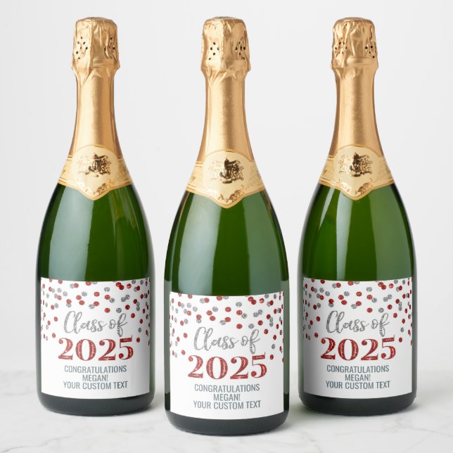 Silver Red Glitter Class of 2025 Graduation Sparkling Wine Label (Bottles)