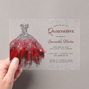 Silver Red Glitter Dress Script Quinceañera Party Acrylic Invitations