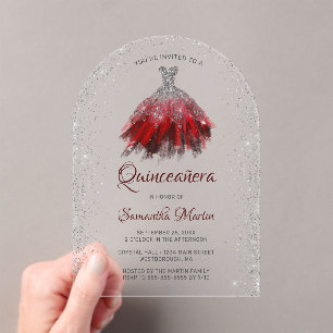 Silver Red Glitter Dress Script Quinceañera Party Acrylic Invitations