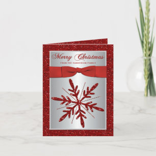 Silver, Red Glitter Snowflake Photo Christmas Card