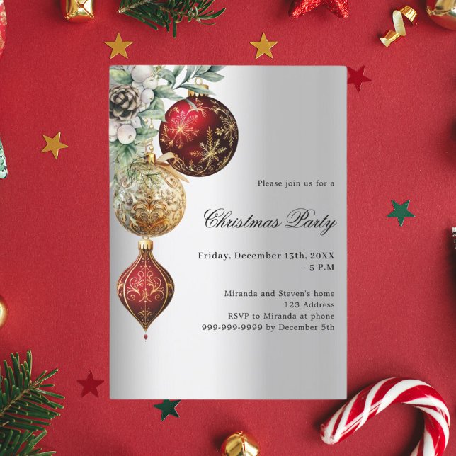 Silver red gold baubles Christmas Party Invitation (Creator Uploaded)