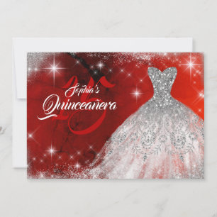 Silver Red Lace Diamond Gown Quinceanera Invitation