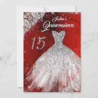 Silver Red Lace Diamond Sparkle Gown Quinceanera