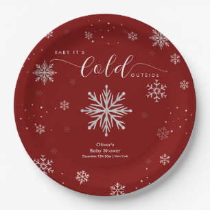 Silver Red Magical Winter Snowflake Baby Shower  Paper Plate