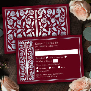 Silver Red Mediaeval Sword Wedding RSVP Card